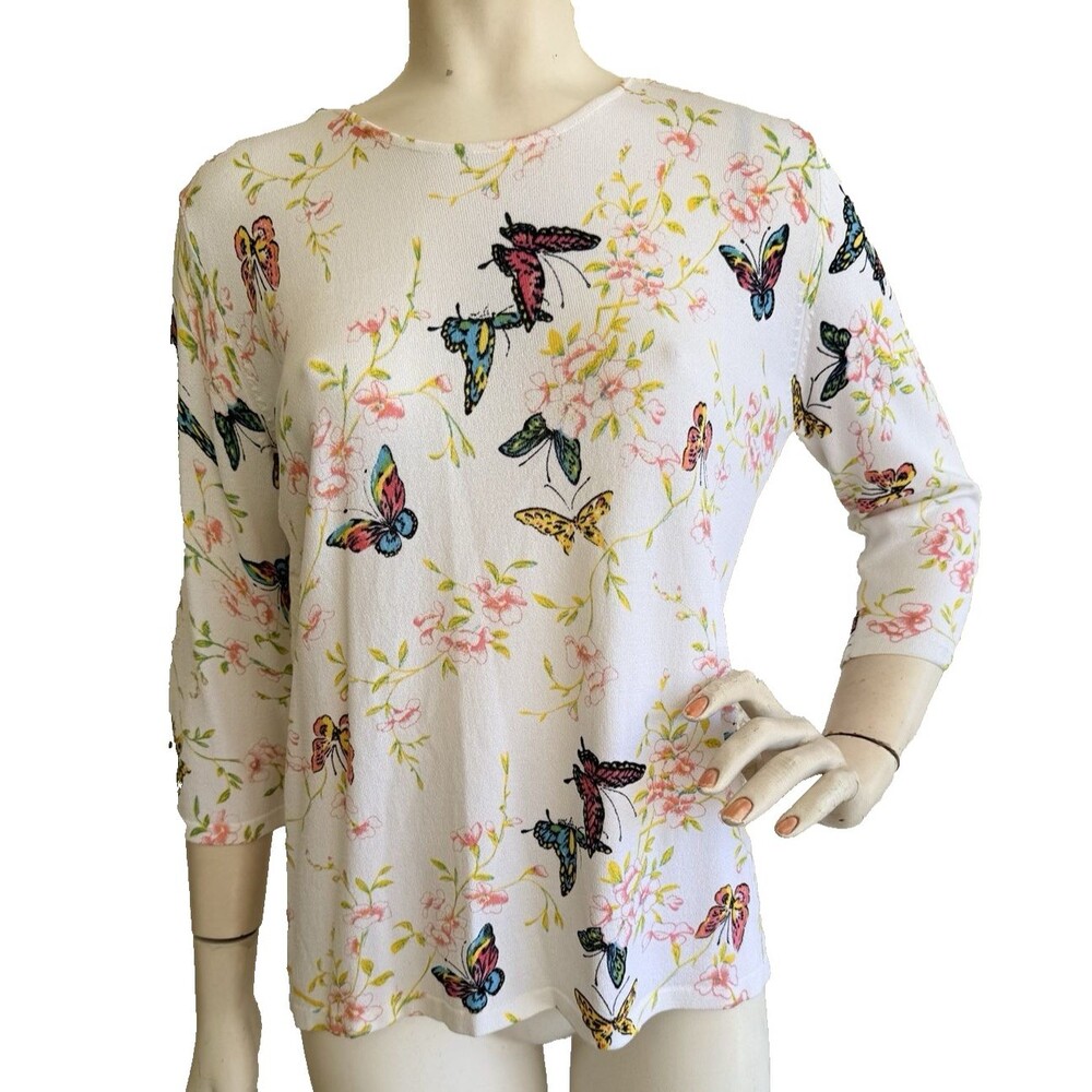 NWT JOSEPH A. Sweater Top White Butterfly Floral Print Viscose 3/4 Sleeve XL